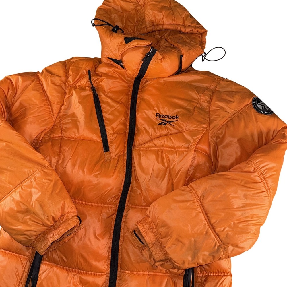 Reebok Jacket Mens Large Orange Hooded Puffer Insulated Full Zip Logo Warm